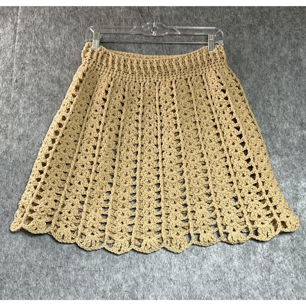 Handmade Crochet Skirt Womens Small Tan Knit Sheer Knee Length Boho Festival